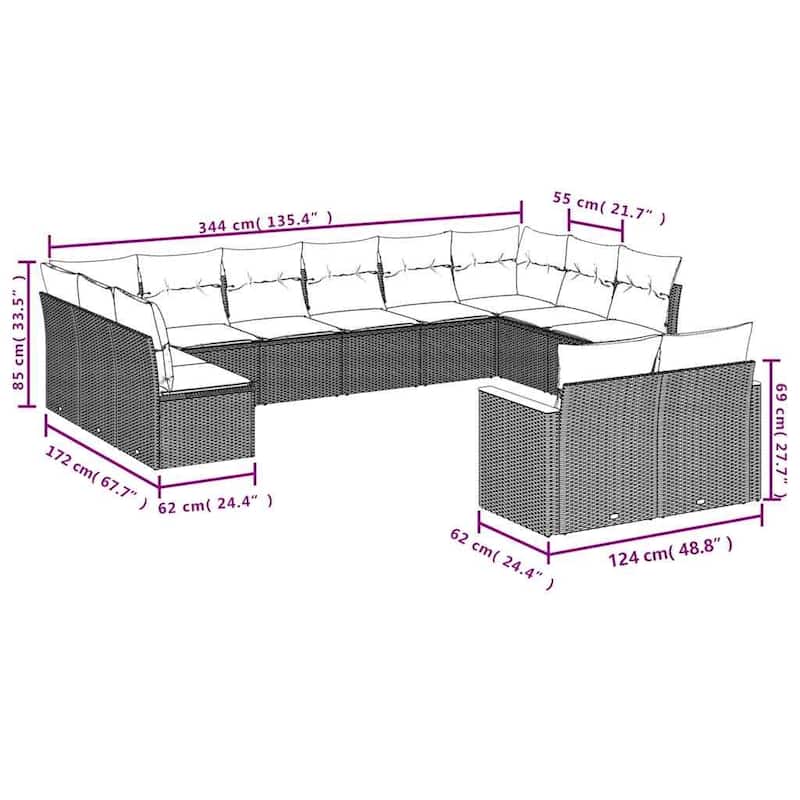 vidaXL 13/14 Piece Patio Sofa Set with Cushions Black/Gray Poly Rattan - 24.4 x 24.4 x 27.2