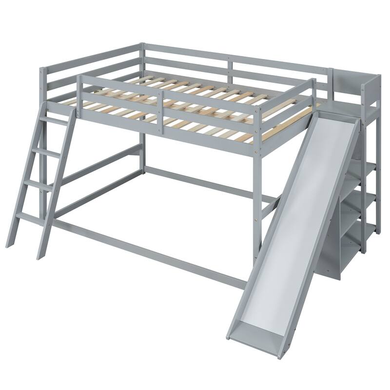 Full Over Full Bunk Bed with Ladder, Slide, and Shelves in Gray