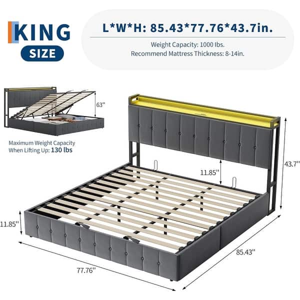 dimension image slide 10 of 12, Bed Frame with Lift Up Storage, Upholstered Velvet Platform Bed with Storage Headboard