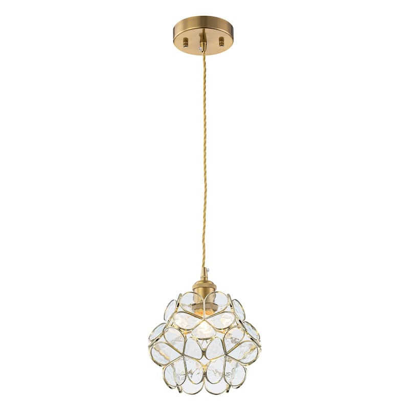 Rennnsan 1-Light Mid-Century Brass Glass Flower Pendant Light Vintage Floral Ceiling Light for Dining Room Kitchen Island