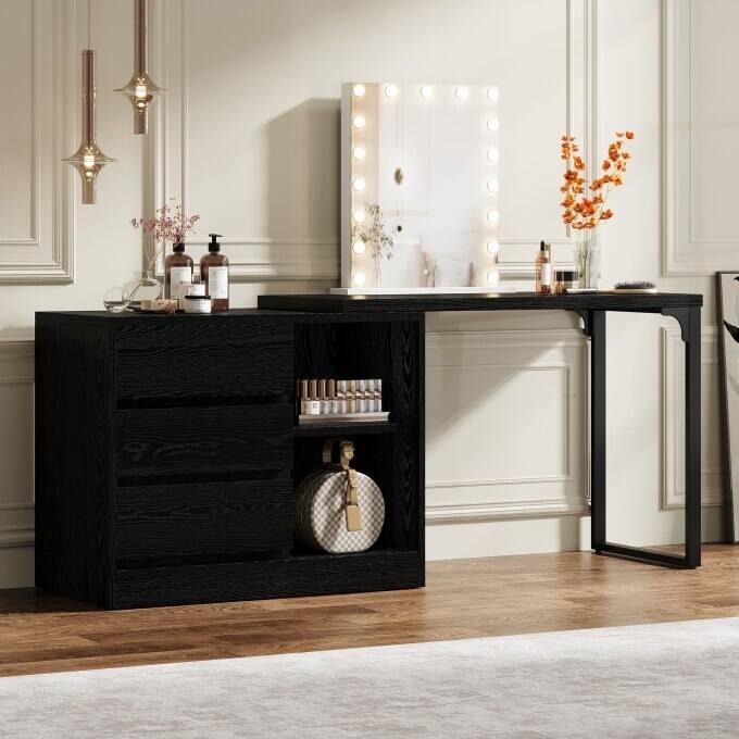 White Vanity Desk, Makeup Table with Ample Storage - Black