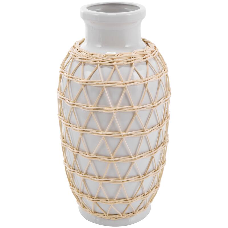 White Ceramic Vase with Woven Rattan Exterior - 7"W, 14"H