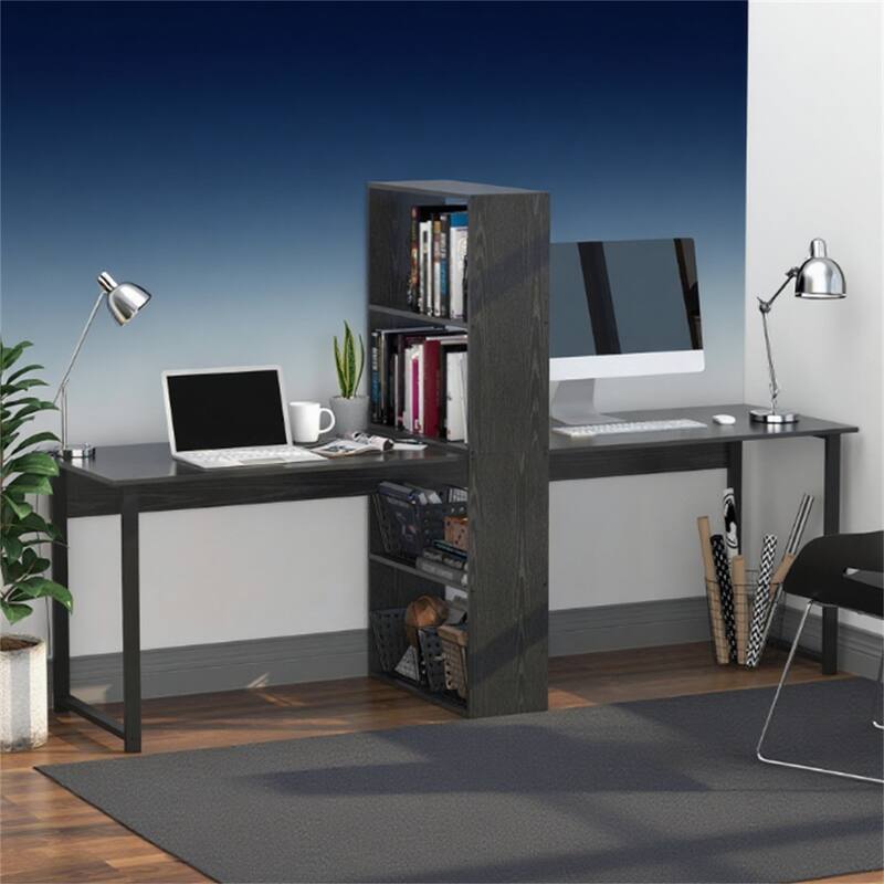 Long Computer Desk with Storage Shelves Combo, Double Workstation