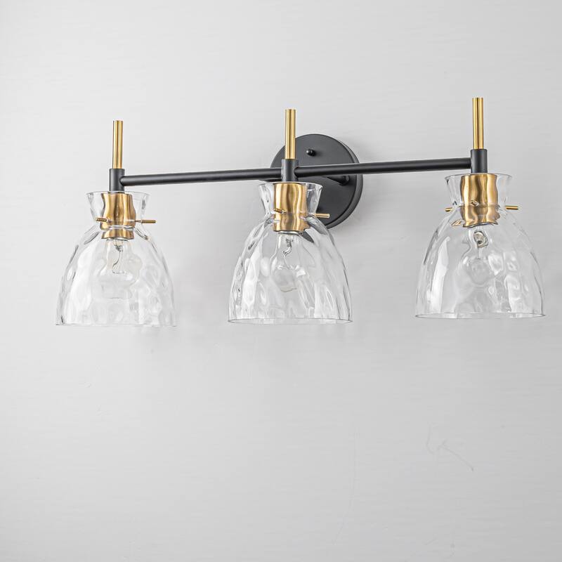 1-Light/3-Light Matte Black and Antique Brass Bathroom Vanity Light with Water-Rippled Glass Shade