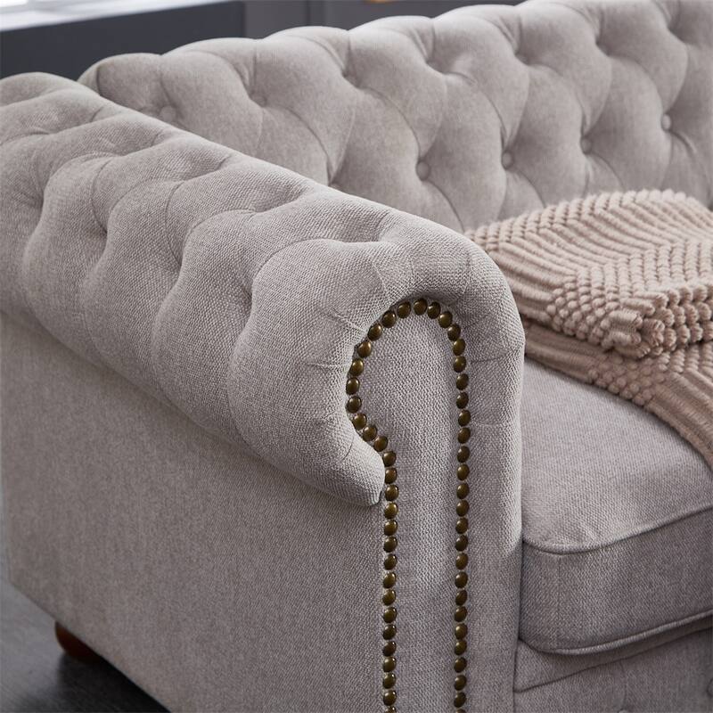 3 Seat Linen Fabric Couch, Solid Wood Chesterfield Round Armrest Sofa