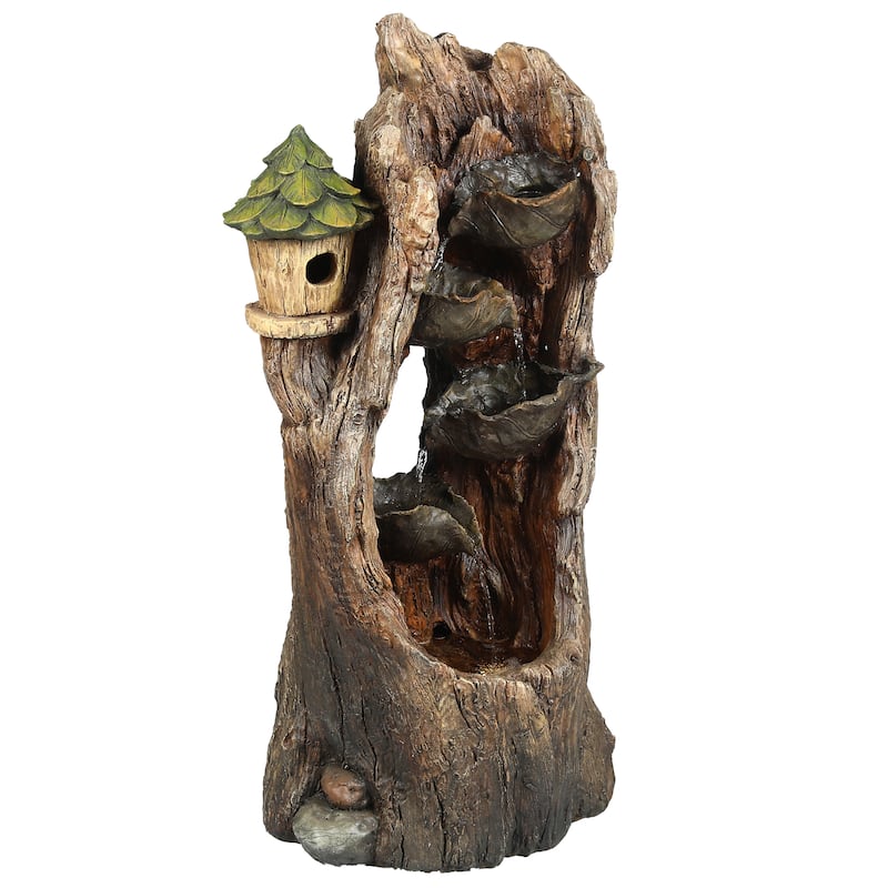 Brown Resin Hollow Tree and Birdhouse Outdoor Fountain