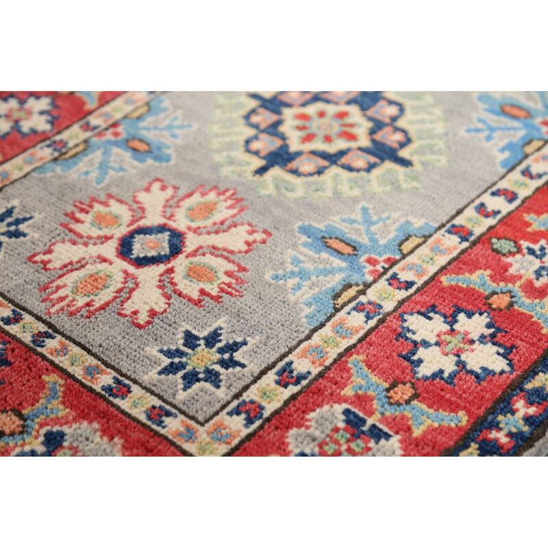 Geometric Kazak Oriental Accent Rug Handmade Grey Wool Carpet - 2'0"x 2'11"