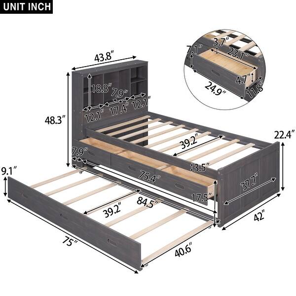 dimension image slide 1 of 4, Antique Captain Platform Bed with Socket, 3 Drawers, Trundle