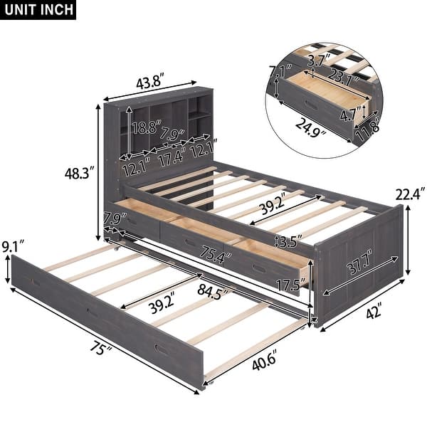 Twin Size Platform Bed with Storage Headboard & 3 Drawers, Wooden Bedframe w/ Twin Size Trundle & Charging Station-Antique Brown
