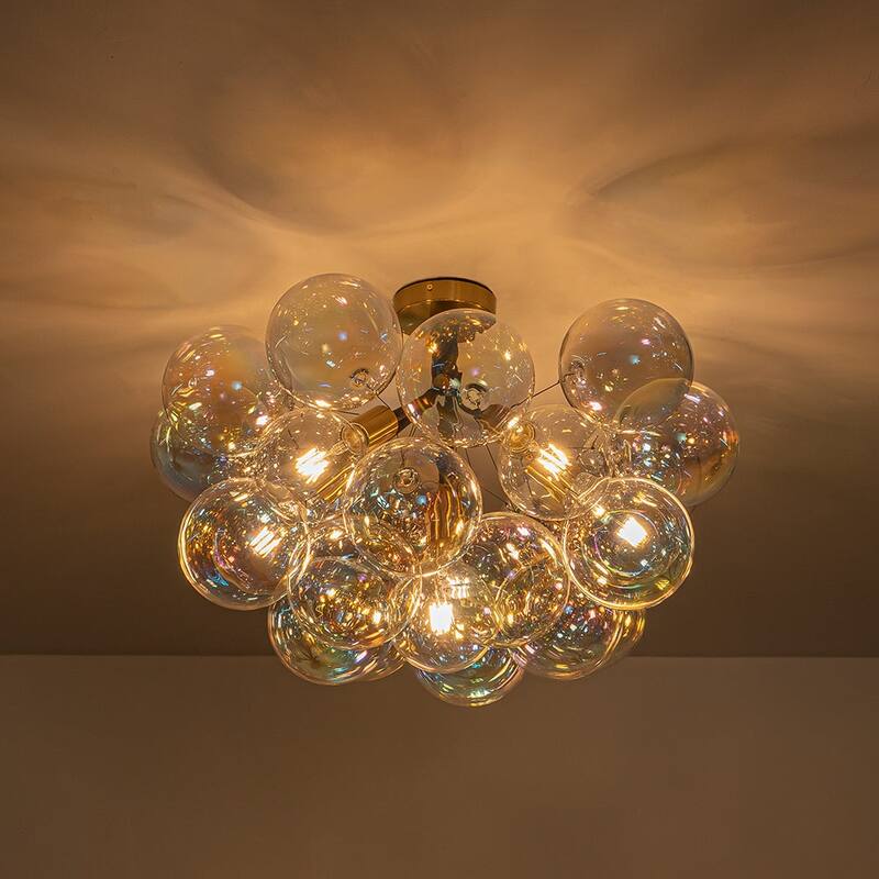 Modern Pearlescent Bubble Glass Semi Flush Mount Light 24.8 in Brass
