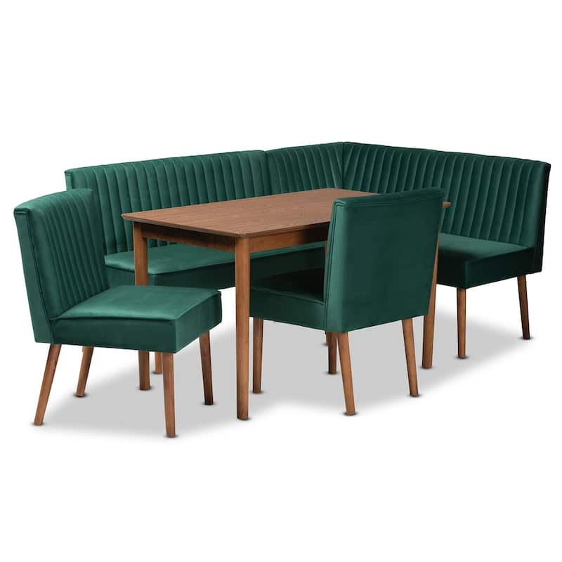 Alvis Mid-Century Emerald Green Velvet Upholstered Wood Dining Nook Set - 5PC Dining Nook Set