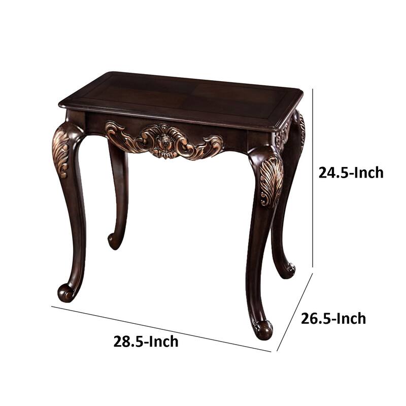Astor End Table, 29 Inch Dark Cherry Brown Wood, Carved Details