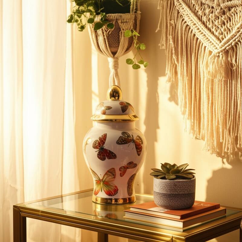 Ceramic Decorative Temple Jar with Lid and Metallic Butterfly Motif