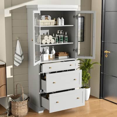 70.1" Modern High Freestanding Tall Bathroom Cabinet with 2 Adjustable Shelves, 3 Drawers, Soft Close Glass Doors