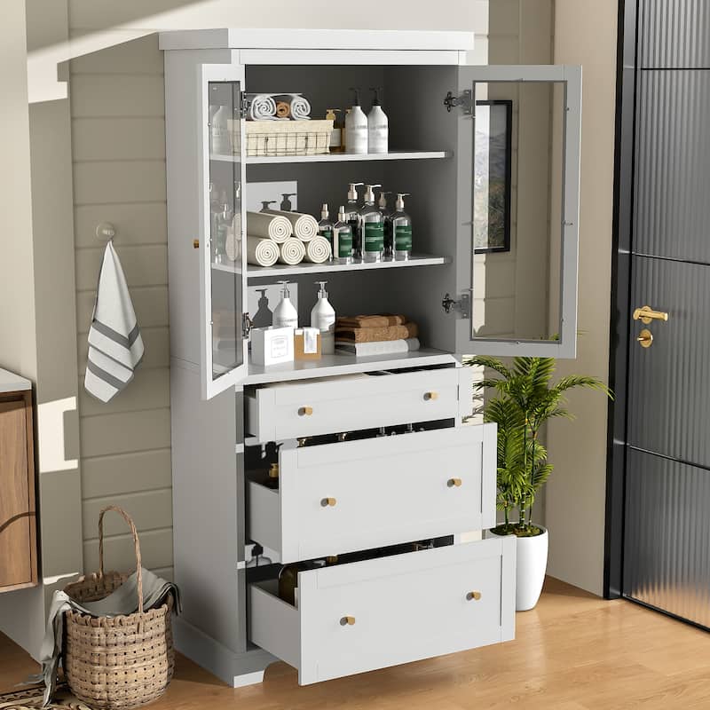 GDFStudio - Lilia Cabinet Modern MDF Freestanding Tall Storage 70.1 Inch with Glass Doors & Adjustable Shelves