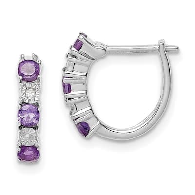 Curata 925 Sterling Silver Polished Open back Hinged post Amethyst and Diamond Earrings - 12x12mm Wide 3mm Thick