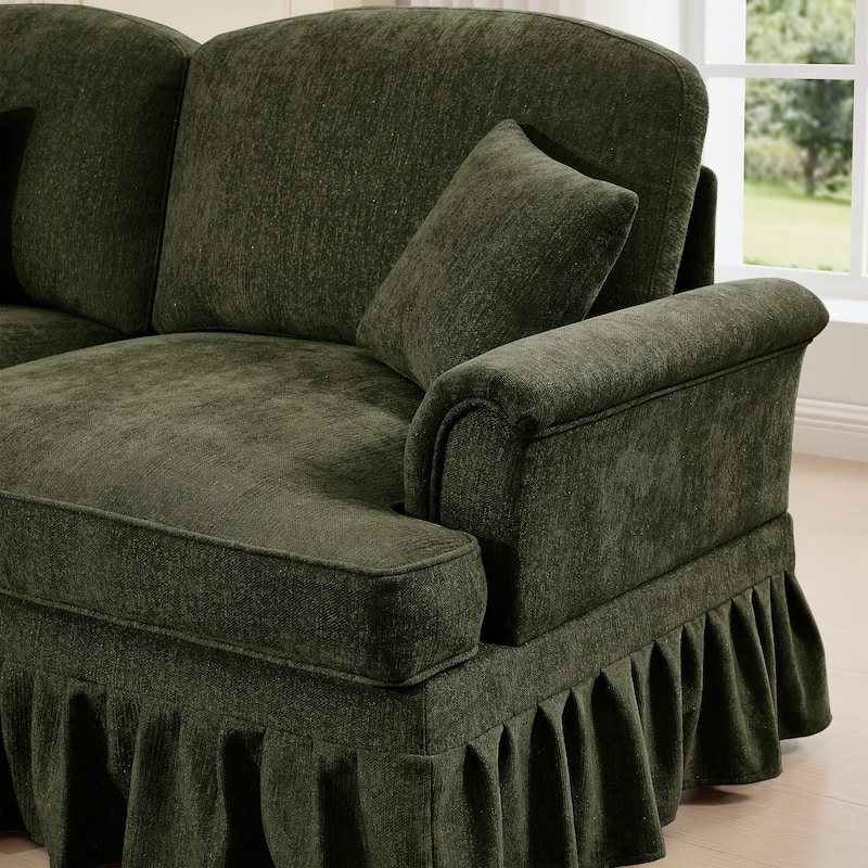 76.4" L Shaped 2-Seat Sectional Sofa, Chenille Couch with Ottoman, Flared Arms Loveseat with Removable Ruffles Pleats Skirts