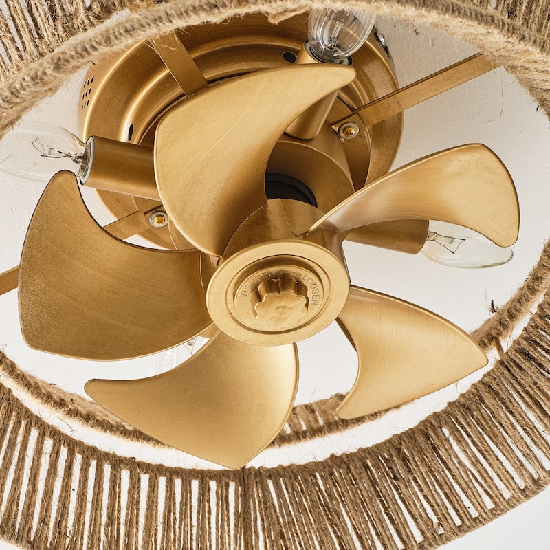 18-inch Boho Distressed Gold Chandelier Ceiling Fan with Remote and Hand Hemp Rope Shade - 17.7" W x 8.19" H