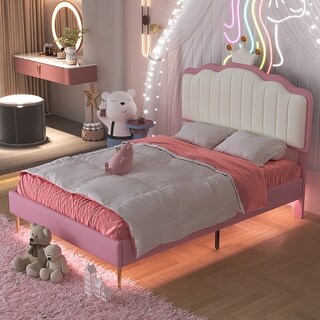 Roomfitters Upholstered Princess Bed with Crown Headboard, Platform Bed with Light Strips and Golden Metal Legs, White+Pink
