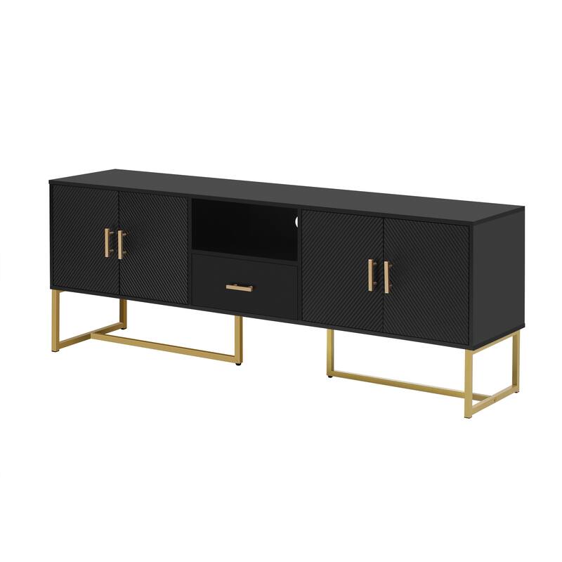 Roomfitters Modern TV Stand for up to 70 Inch TV, Media Cabinet with Drawer, Metal Legs and Safety Features, Black