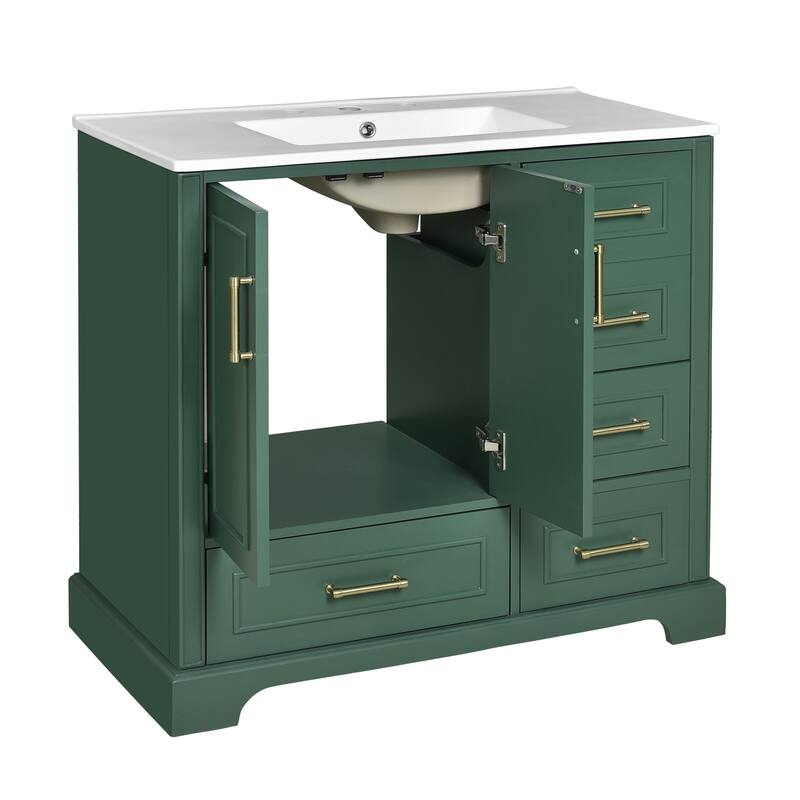 GDFStudio - Altair Wood & Ceramic 36" Traditional Bathroom Vanity with Sink, 2 Soft-Close Doors & 4 Drawers