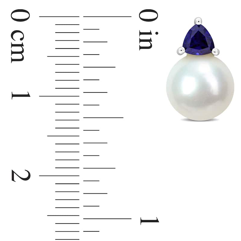 Miadora 8-8.5mm Cultured Freshwater Pearl 4/5ct TGW Created Blue Sapphire Stud Earrings in 10k White Gold