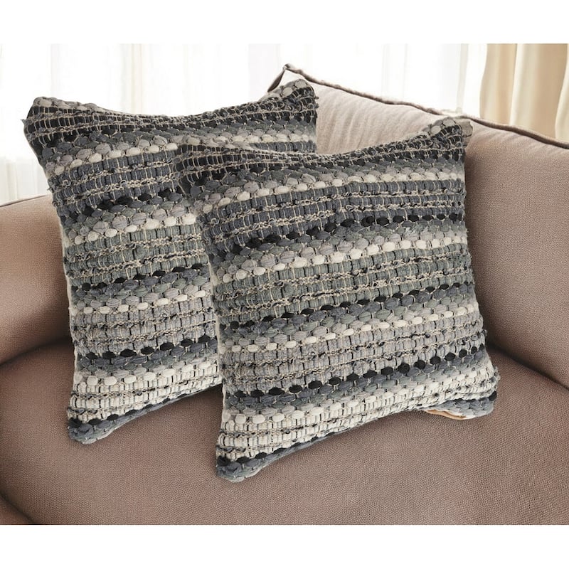 HomeRoots Set of Two 18" Black Gray and Ivory Striped Cotton Blend Throw Pillows with Texture - Black and Gray