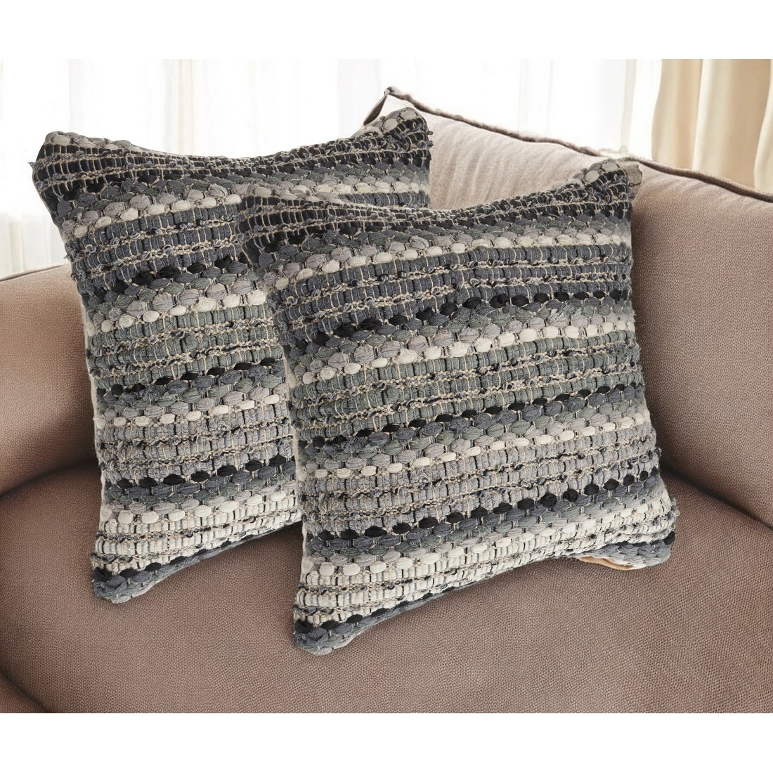 HomeRoots Set of Two 18" Black Gray and Ivory Striped Cotton Blend Throw Pillows with Texture