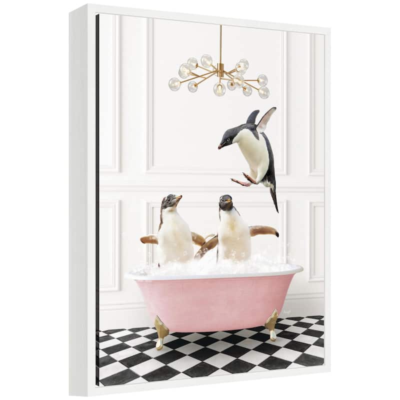 Kate and Laurel Sylvie Penguins in Pink Bathtub on Checker Floor Framed Canvas by Amy Peterson - White