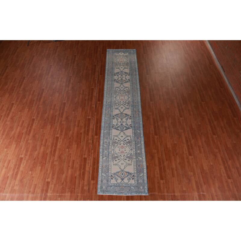Hand Knotted Oriental 100% Wool Carpet Transitional Geometric Beige & Ivories Oushak Runner Rug - 14' 11'' X 3' 2''