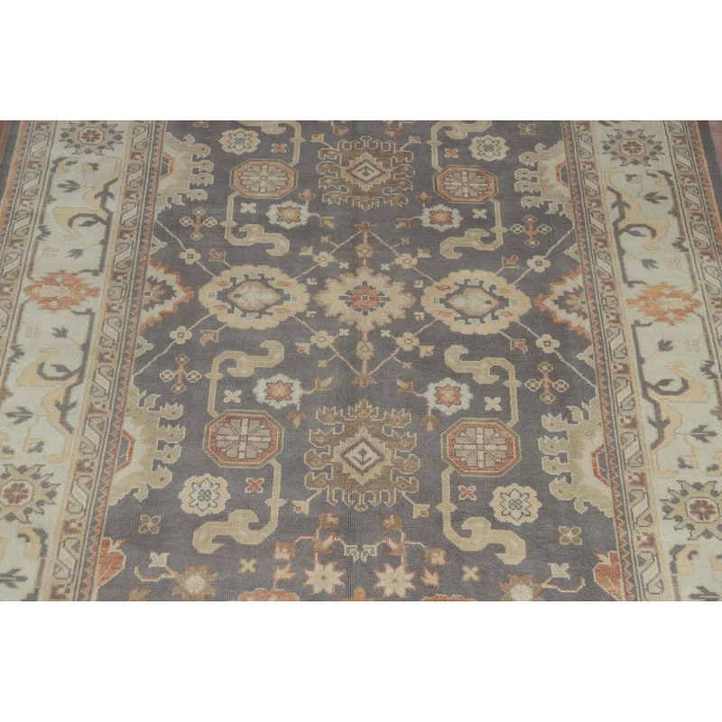 Gray Oushak Area Rug Hand-Knotted Transitional Floral Wool Carpet - 8'9" x 11'8"