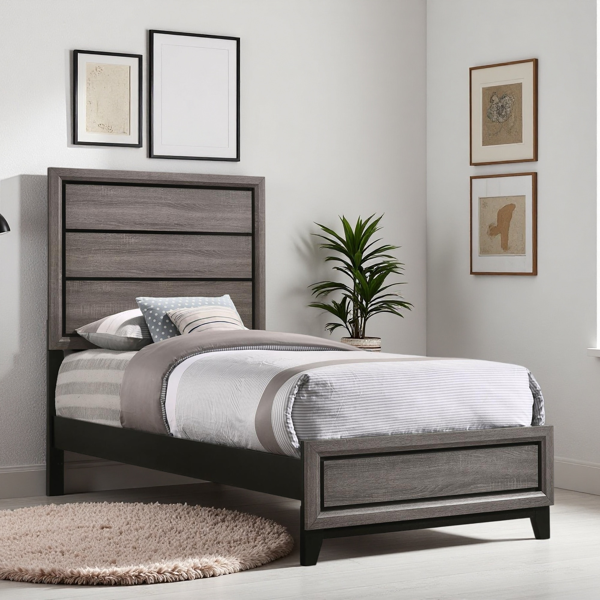 Wood Panel Bed with Oak Finish