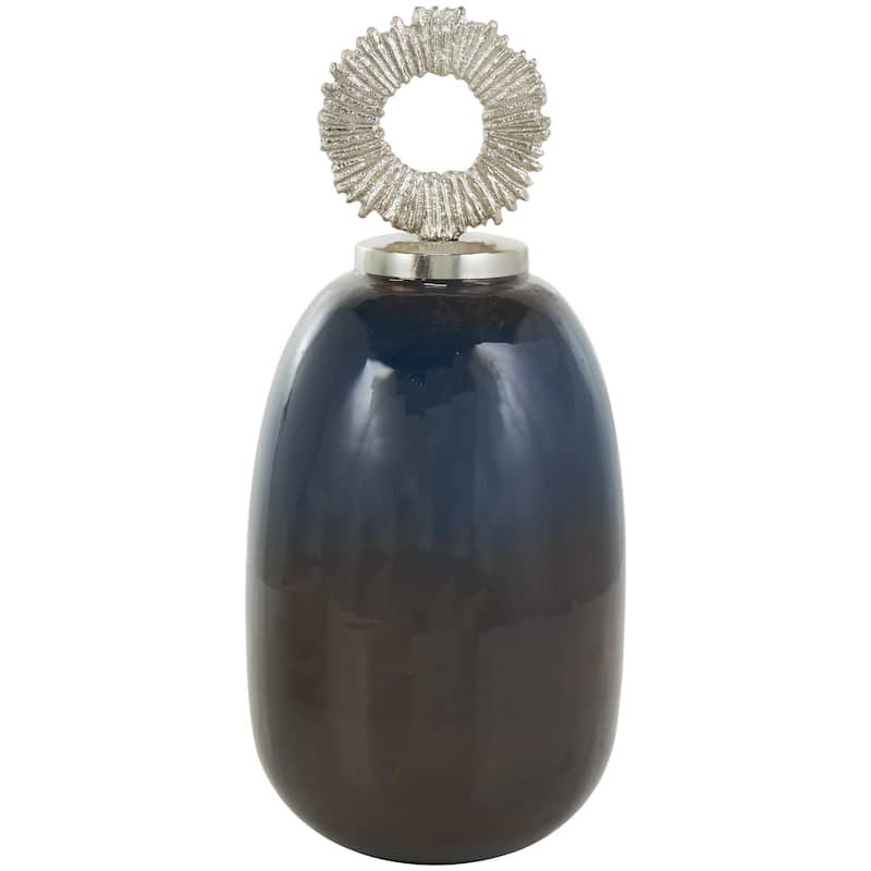 Metal Living Room Decorative Jars with Silver or Gold Ring Handles - Set of 2 Blue or White - Roche River Decor