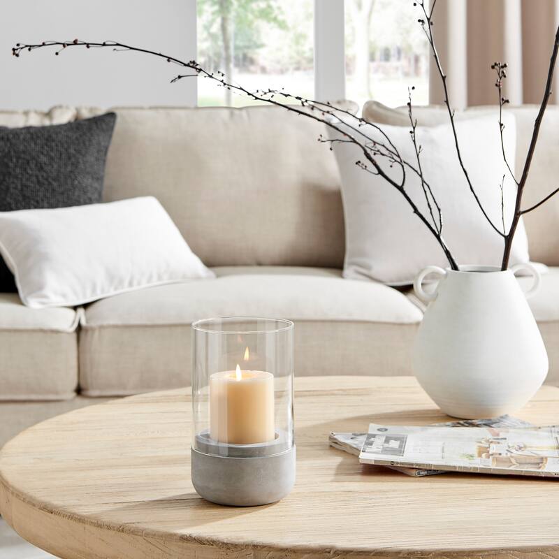 Danya B. Modern Cool Gray Cement Base and Glass Pillar Candle Holder - 5" x 5" x 5.625"