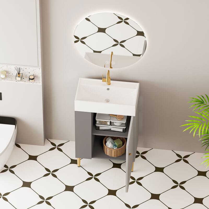 Compact White Bathroom Vanity with Ceramic Sink, Soft-Closing Cabinet, and Brushed Copper Accents for Small Spaces
