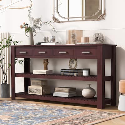 Rectangular Wooden Console Table with 4 Storage Drawers, 3-Tier Hallway Entryway Table with 2 Shelves and Aluminum Handle