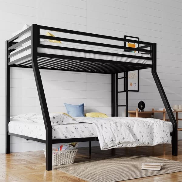 slide 2 of 3, Heavy Duty Metal Bunk Bed Frame Twin Over Full Size Removable Stairs