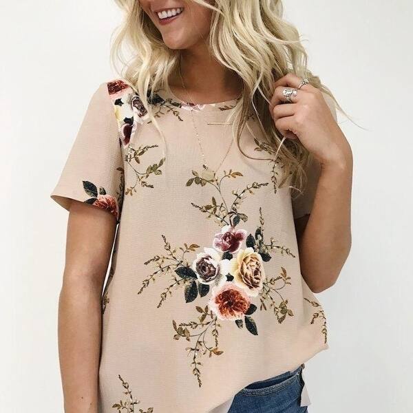 Shop Fashion Women Summer Floral Top Short Sleeve Blouse Casual