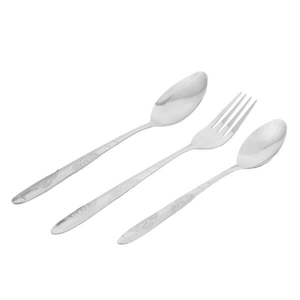 Stainless Steel Flower Pattern Handle Spoons Fork Set 3 In 1 Silver