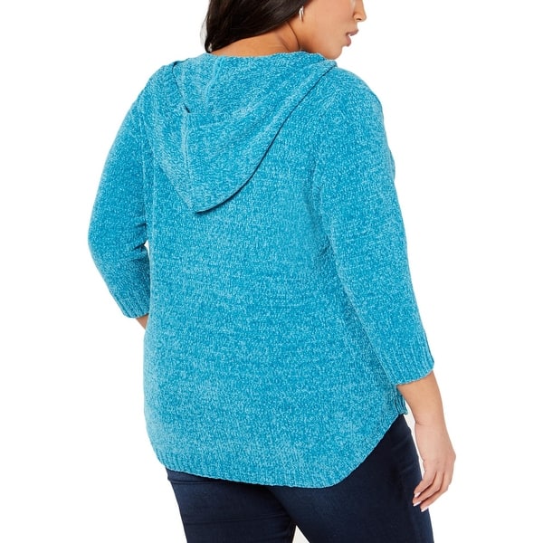 NY Collection Womens Plus Chenille 3//4 Sleeves Hooded Sweater
