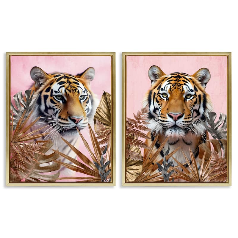 Stupell Fierce Tigers & Gold Leaves Framed Floater Canvas Wall Art Design By Kim Allen (Set of 2) - 25 x 31 - Gold