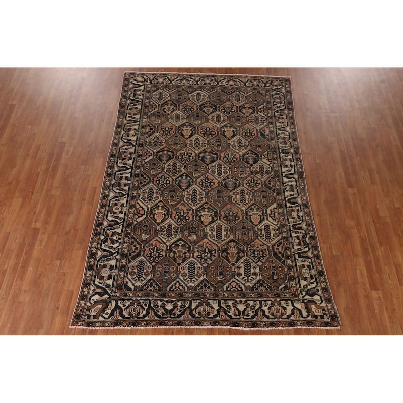 Garden Design Brown Bakhtiari Persian Vintage Rug Handmade Wool Carpet - 6'7"x 9'7"