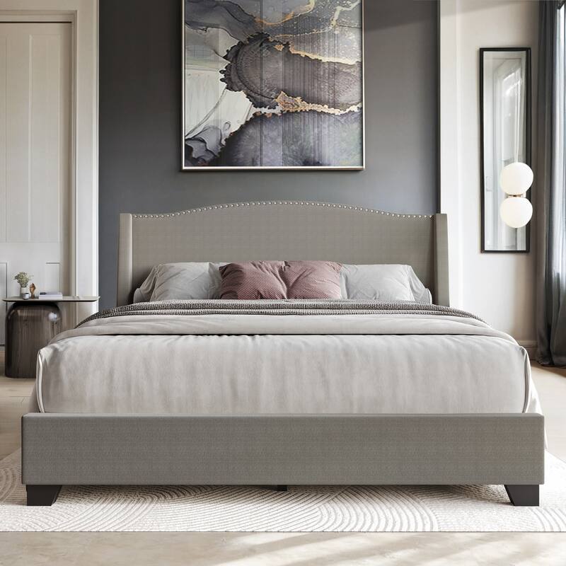 CraftPorch Elegant Chrome Nailhead Wingback Upholstered Bed with Drawers