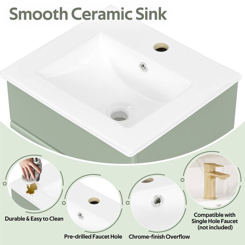 18 Inch Bathroom Vanity with Ceramic Sink, Freestanding Vanity Cabinet with Soft Close Door and Adjustable Shelf