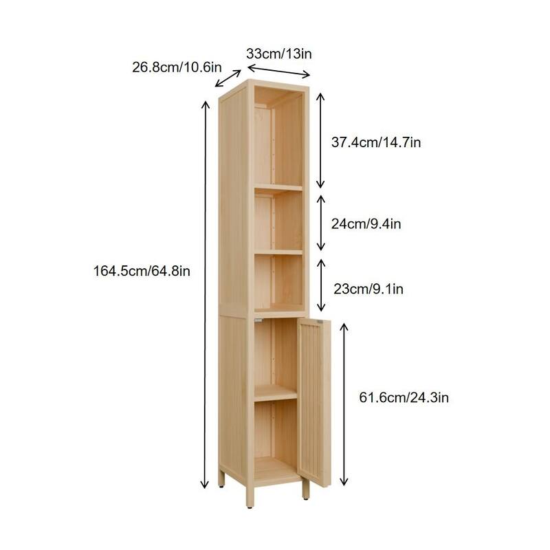 65'' Natural Bamboo Tall Storage Cabinet, Thin Bathroom Tower with Doors, Open Shelf & Interior Shelves for Small Spaces