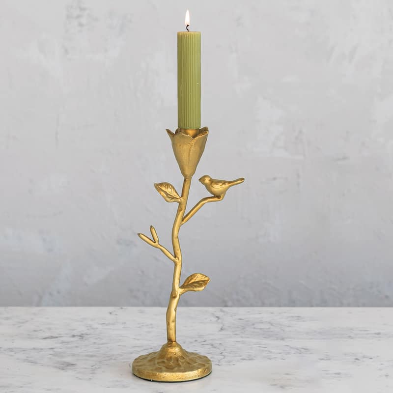Hand-Forged Cast Iron Candelabra with Flowers and Bird - 4.5"L x 3.5"W x 10.6"H