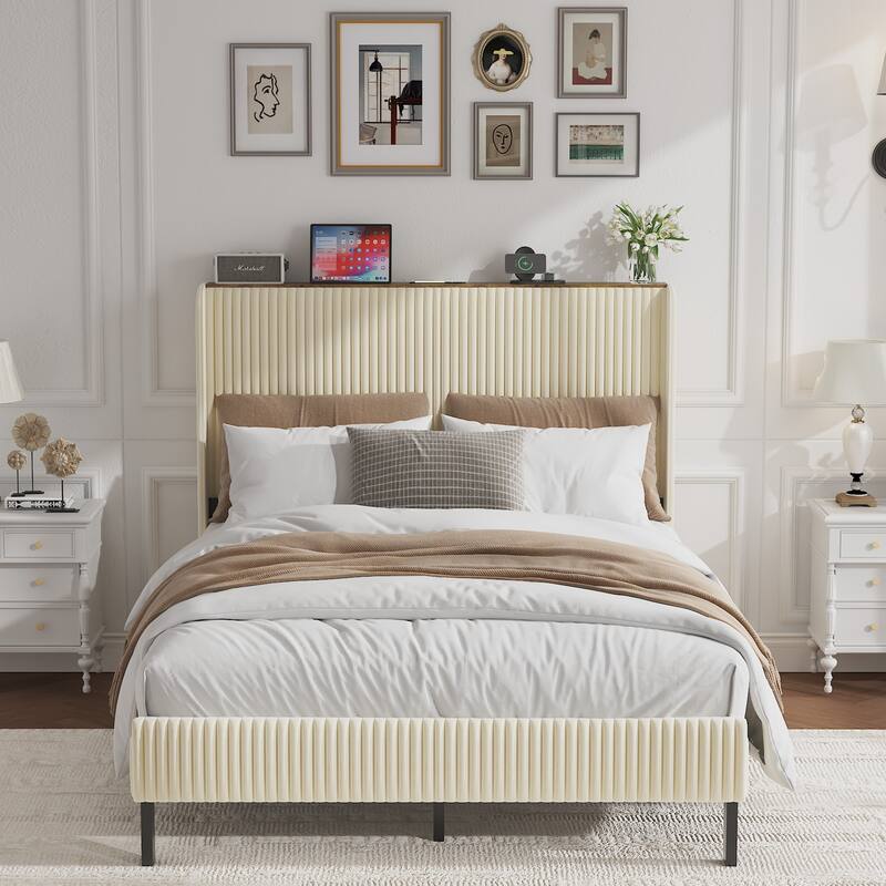 Roomfitters Metal Platform Bed Frame with Charging Station, Heavy Duty Mattress Foundation, No Box Spring Needed, Beige - Full