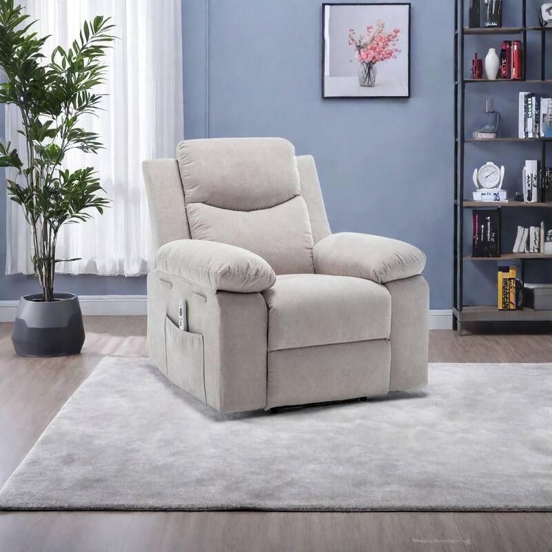 Velvet Power Recliner Chair with Massage and Heating System - Beige