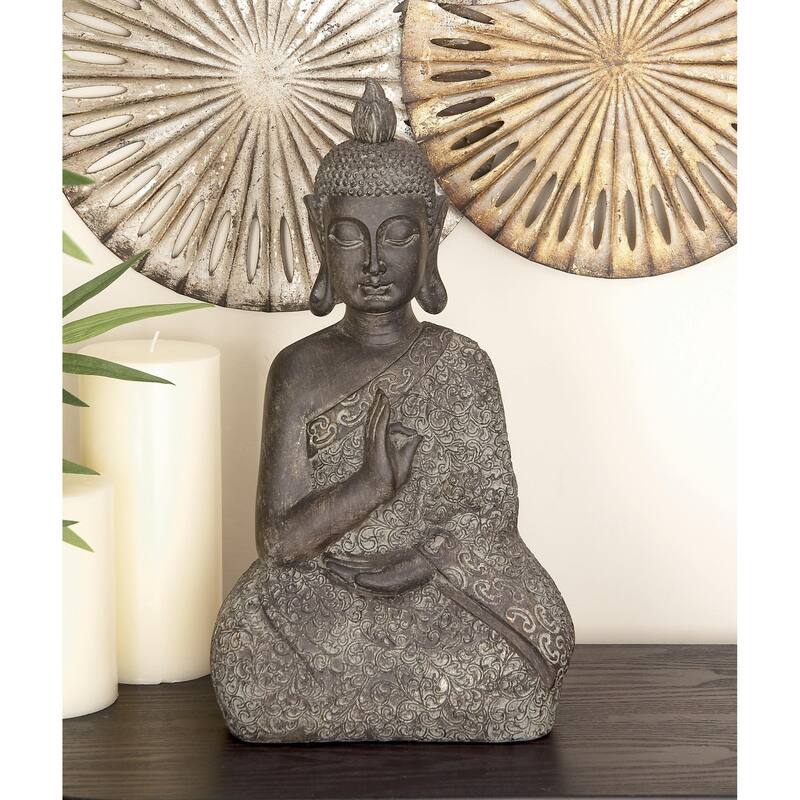 Brown Polystone Meditating Buddha Decorative Sculpture with Engraved Carvings and Relief Detailing