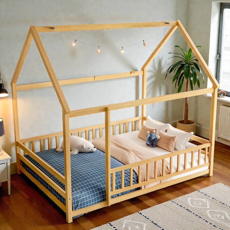 Wooden House Frame Floor Bed with Roof, Fence Guardrails, Pine Wood Kids Platform Bed for Bedroom - Natural - Full
